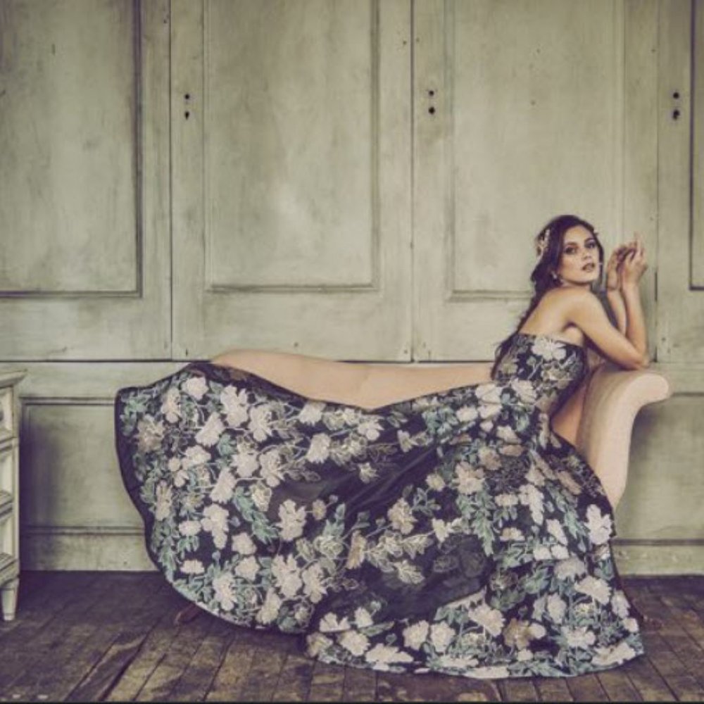 Emery Floral Jacquard Strapless A-Line Gown Size 0